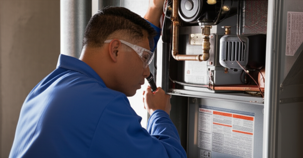 Technician inspecting a furnace in Bonham